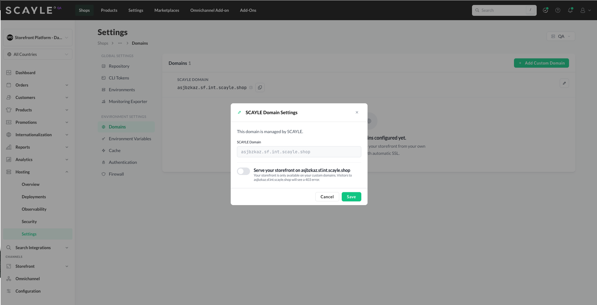 CAYLE Domain Settings dialog with the Serve your storefront on [SCAYLE Domain hostname] toggle switched off.